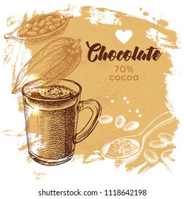 Hand drawn sketch cocoa chocolate product background. Vintage vector illustration of natural healthy sweet food