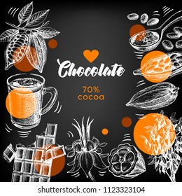Hand drawn sketch cocoa chocolate product background. Vintage vector chalkboard illustration of natural healthy sweet food