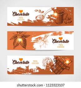 Hand drawn sketch cocoa chocolate product banners set. Vintage vector illustration of natural healthy sweet food