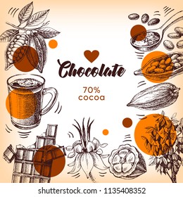 Hand drawn sketch cocoa chocolate product background. Vintage vector illustration of natural healthy sweet food