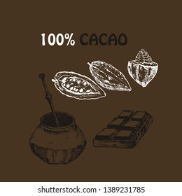 Hand drawn sketch cocoa chocolate product set. Vintage vector illustration of natural healthy food for menus and infographics