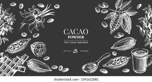 Hand drawn sketch cocoa chocolate product background. Vintage vector illustration of natural healthy food. Packaging design of cacao powder