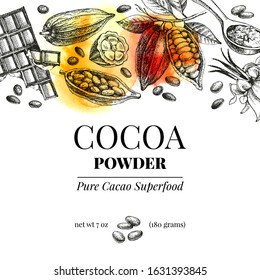 Hand drawn sketch cocoa chocolate product background. Vintage vector illustration of natural healthy sweet food