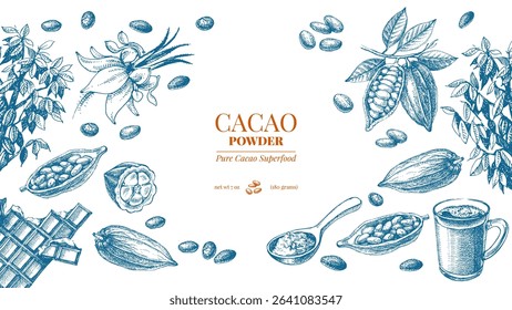 Hand drawn sketch cocoa chocolate product background. Vintage vector illustration of natural healthy food. Packaging design of cacao powder
