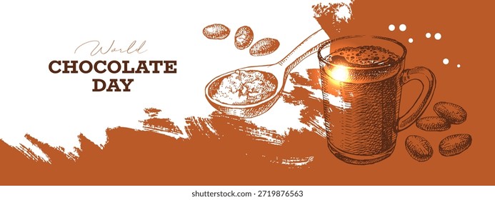 Fondo de producto de chocolate de cacao dibujado a mano. Antiguas Ilustración vectorial de alimentos naturales y saludables. Diseño de embalaje de cacao en polvo