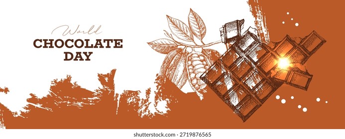 Fondo de producto de chocolate de cacao dibujado a mano. Antiguas Ilustración vectorial de alimentos naturales y saludables. Diseño de embalaje de cacao en polvo
