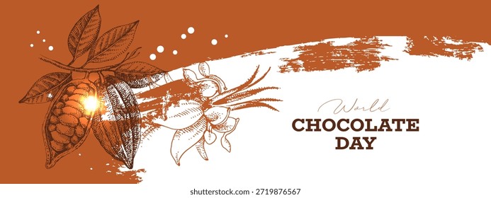Hand drawn sketch cocoa chocolate product background. Vintage vector illustration of natural healthy food. Packaging design of cacao powder