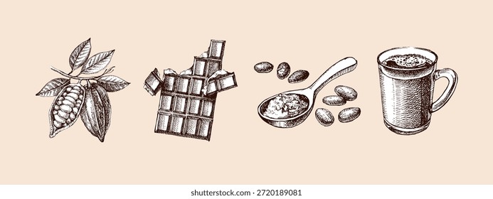 Conjunto de productos de chocolate de cacao dibujado a mano. Antiguas Ilustración vectorial de alimentos naturales y saludables. Diseño de embalaje de cacao en polvo