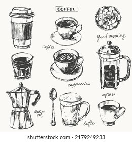 Hand drawn sketch of coffee cups, cooffee pot, moka pot, takeaway paper cup, latte, espresso, cappuccino, spoon. Rough drawing for hot drinks cafe menu, food and drink background design.