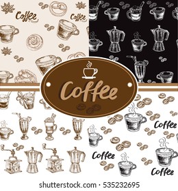 hand drawn sketch coffee seamless pattern collection