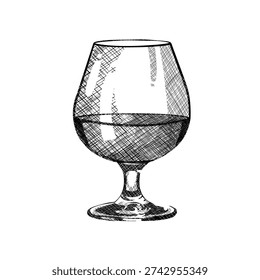Hand drawn sketch of cognac snifter glass with drink	