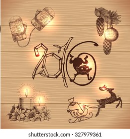 Hand drawn sketch collection of christmas decorations and objects. Vector illustration