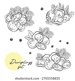 Dibujado a mano boceto colección de arreglos de dumpling Vector. Esquema de dibujos de tinta. composiciones. Para menús, embalajes, libros, pegatinas