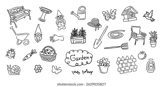 Hand Drawn Sketch Collection of Essential Gardening Tools and Objects