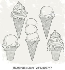 Hand Drawn Sketch Collection of Ice Cream Cones and Waffle Cups – Vintage Outline Drawing of Frozen Dessert Illustrations
