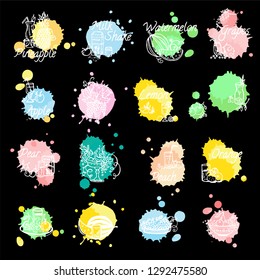 Hand drawn sketch collection. Lovely icons, labels for different kind of juice. Colored blurs and sketches with pineapple, milk, watermelon, grapes, apple, lemon, pear, peach and more elements 