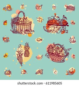 Hand drawn sketch collection, retro colors. Lovely icons, labels with picnic basket, bowl of fruit, plates with tropical fruit. Blurs and sketches with lemon, pear, peach, banana and more elements