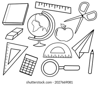 A hand drawn sketch collection of school stuff isolated in a white background, teaching instruments vector illustration, simple student icons 