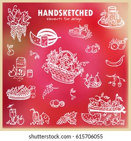 Hand drawn sketch collection. Simple picnic basket, bowl of fruit, plates with tropical fruit, glass of water, juice, grapes, apples, pears, pineapples and more elements. White art on photo background