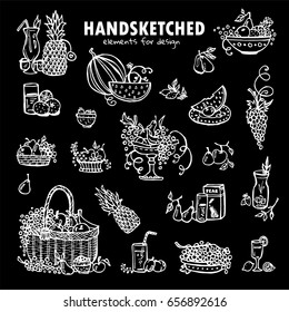 Hand drawn sketch collection. Simple picnic basket, bowl of fruit, plates with tropical fruit, glass of water, juice, grapes, apples, pears, pineapples and more elements. Chalkboard arts for menu 