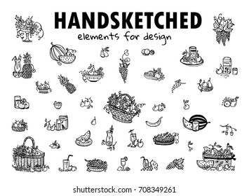 Hand drawn sketch collection. Simple picnic basket, bowl of fruit, plates with tropical fruit, glass of water, juice, grapes, apples, pears, pineapples and more elements. Black line isolated on white