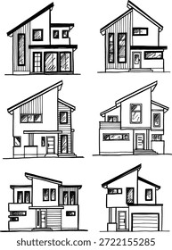 Hand drawn sketch collection of six modern houses, minimalist architectural elevations featuring contemporary two-story residential buildings