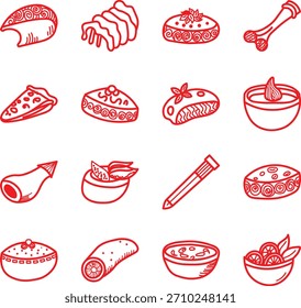 Hand drawn sketch collection of various meat cuts and food items