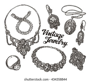 Hand drawn sketch collection vintage Jewelry. Gold and gems. Jewelry shop or pawn shop vector illustration