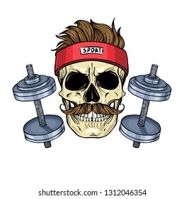 Hand Drawn Sketch, Color Angry Sport Skull With Dumbbells, Sweat Band And Mustaches