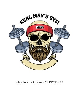 Hand Drawn Sketch, Color Angry Sport Skull With Dumbbells, Sweat Band And Mustaches And Beard