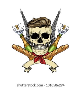 Hand drawn sketch, color french skull with bread baguette, bottle of open champagne, The Eiffel Tower and mustaches and hairstyle
