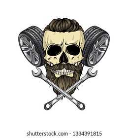 Hand drawn sketch, color racer skull with wrench and wheel, beard and mustaches