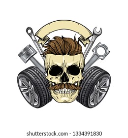 Hand drawn sketch, color racer with wrench, piston, wheel and mustaches