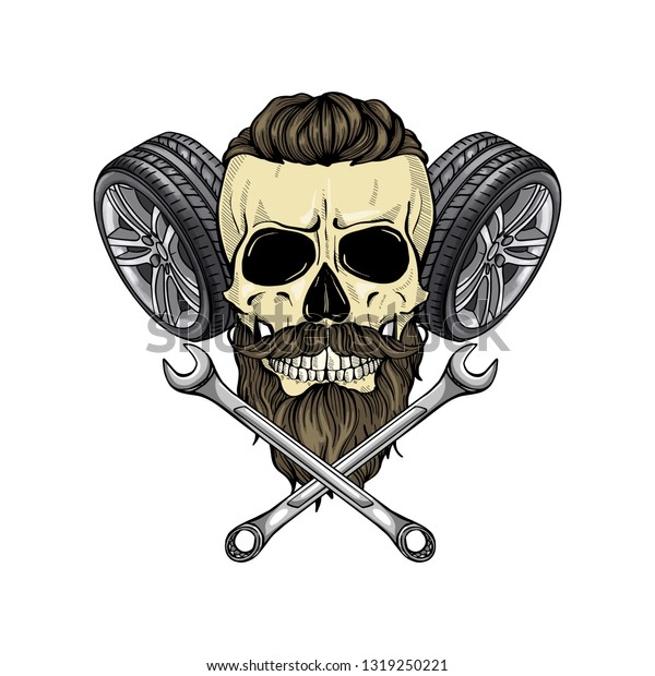 Hand drawn sketch, color racer skull with\
wrench and wheel, beard and\
mustaches