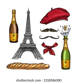 Hand drawn sketch, color set french attributes. Beret, The Eiffel Tower, bottle of champagne, bread baguette, neck scarf and mustaches