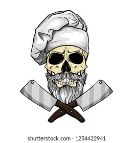 Hand drawn sketch, color skull withbig cooks knife, cooks hat, mustaches and beard