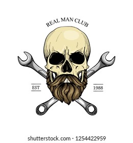 Hand drawn sketch, color skull with wrench. Design elements for poster, emblem