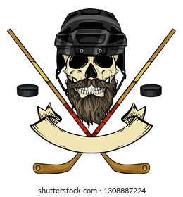 Hand drawn sketch, color skull with dark hockey helmet, stick, puck, mustaches and beard
