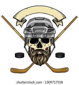 Hand drawn sketch, color skull with hockey helmet, stick, puck, mustaches and beard
