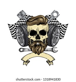 Hand drawn sketch, color skull with wrench, piston, wheel, finish flag and beard and mustaches