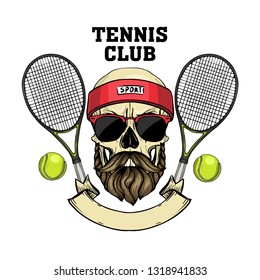 Hand Drawn Sketch, Color Skull With Tennis Racquets, Tennis Balls, Sweat Band, Mustaches, Beard And Sunglasses