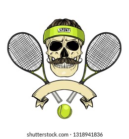 Hand Drawn Sketch, Color Skull With Tennis Racquets, Tennis Balls, Sweat Band, Mustaches