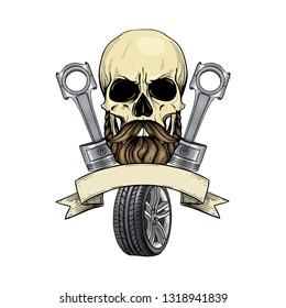 Hand drawn sketch, color skull with piston and wheel, beard and mustaches