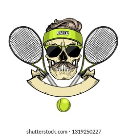 Hand Drawn Sketch, Color Skull With Tennis Racquets, Tennis Balls, Sweat Band And Sunglasses