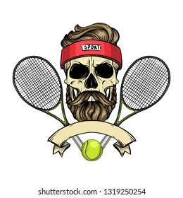 Hand drawn sketch, color skull with tennis racquets, tennis balls, sweat band, mustaches and beard