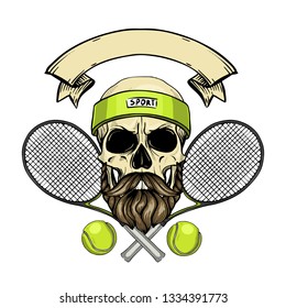 Hand Drawn Sketch, Color Skull With Tennis Racquet, Tennis Ball, Sweat Band And Mustaches And Beard