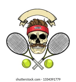 Hand Drawn Sketch, Color Skull With Tennis Racquet, Tennis Ball, Sweat Band, Messy Hear And Mustaches