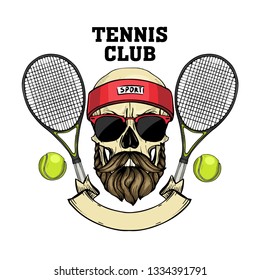 Hand drawn sketch, color skull with tennis racquets, tennis balls, sweat band, mustaches, beard and sunglasses