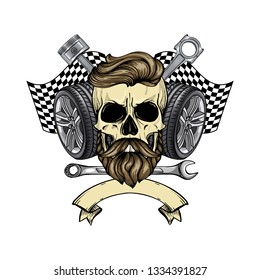 Hand drawn sketch, color skull with wrench, piston, wheel, finish flag and beard and mustaches