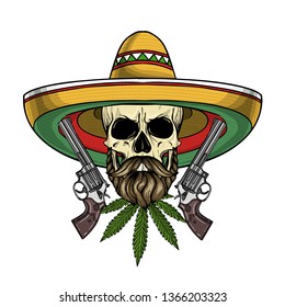 Hand drawn sketch, color skull with, sombrero, beard and mustaches, hemp leaf, revolver